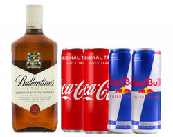 Ballantines 0,7l 40%,2x dr pepper plech & 2x Red Bull